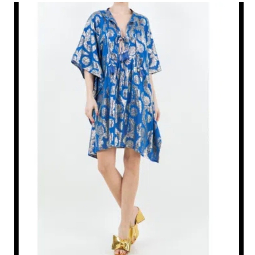 Butterfly Kaftan Dress Women Blue Gold New Metallic Floral Brocade Tassel Boho